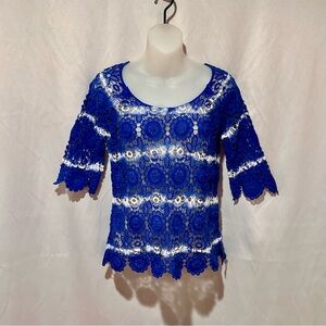 Vintage Royal Blue Sheer Crocheted Lace Women's Boho Festival Top